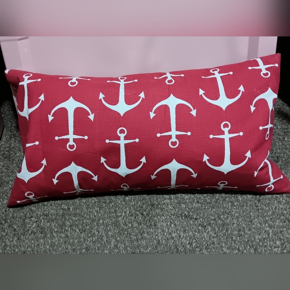 Light Red, Oblong Throw Pillow. Anchor Design in white. - Picture 2 of 6